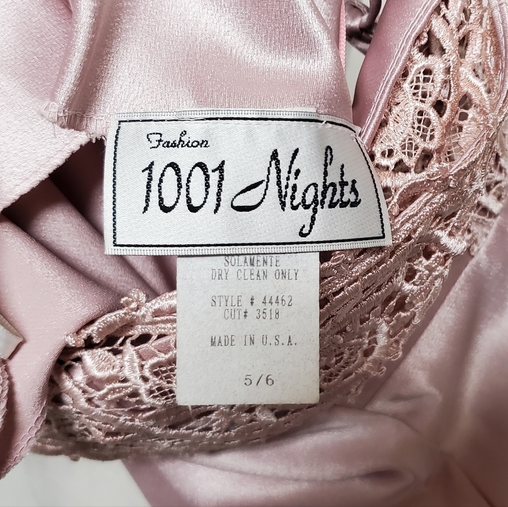 VINTAGE 90s 1001 Nights Blush Pink Satin Crochet Panel Lace-up Back Maxi Dress 6 - Picture 15 of 16